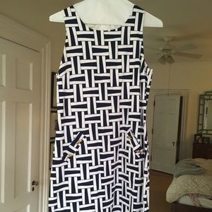 Britt Ryan navy and white dress with gold buttons